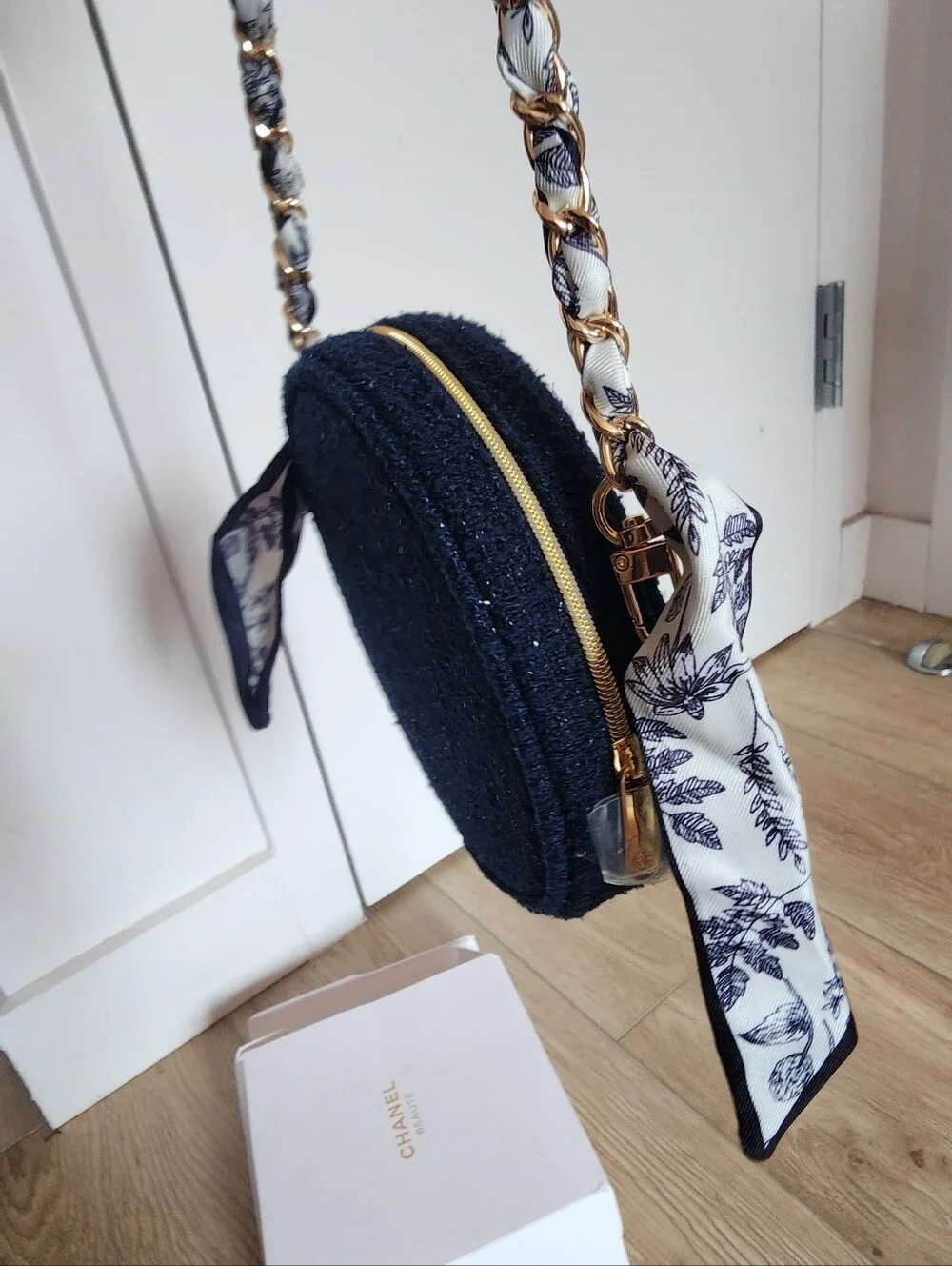 Chanel Beaute Round Navy Blue cosmetic Tweed pouch With Crossbody Chain NIB